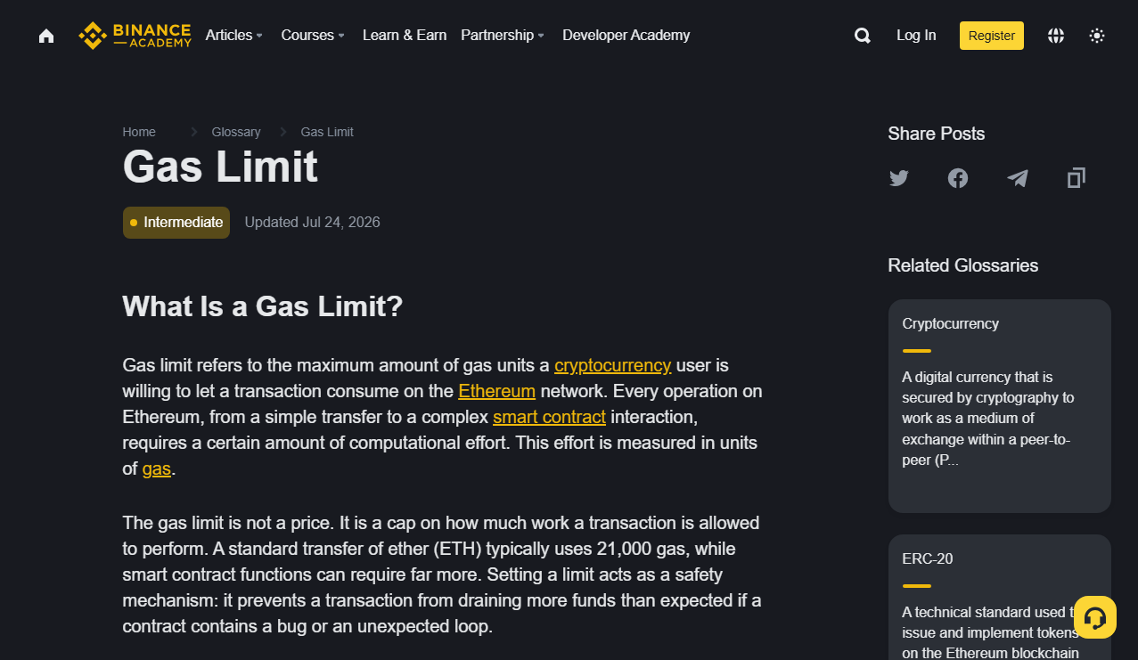 Binance Academy glossary entry defining a gas limit as a quantity cap, not a price