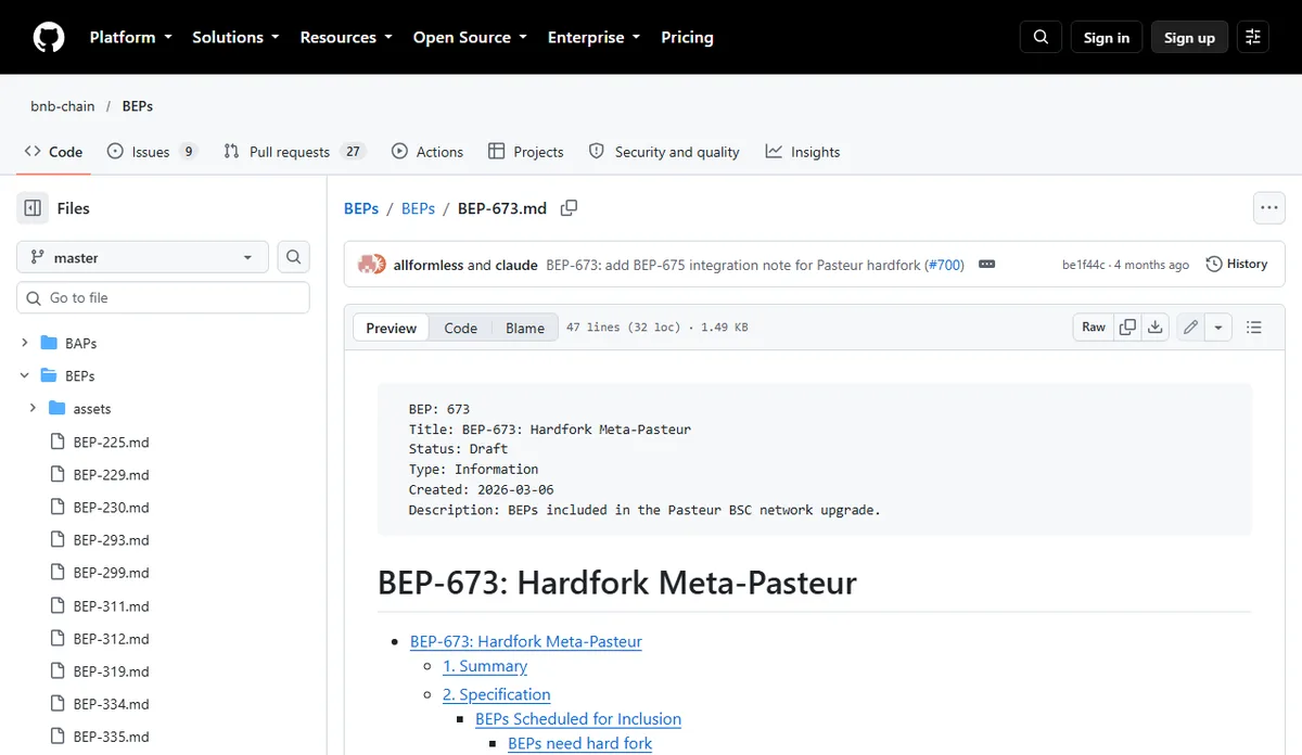 Header of the BEP-673 Hardfork Meta-Pasteur file on GitHub, with the Status line reading Draft